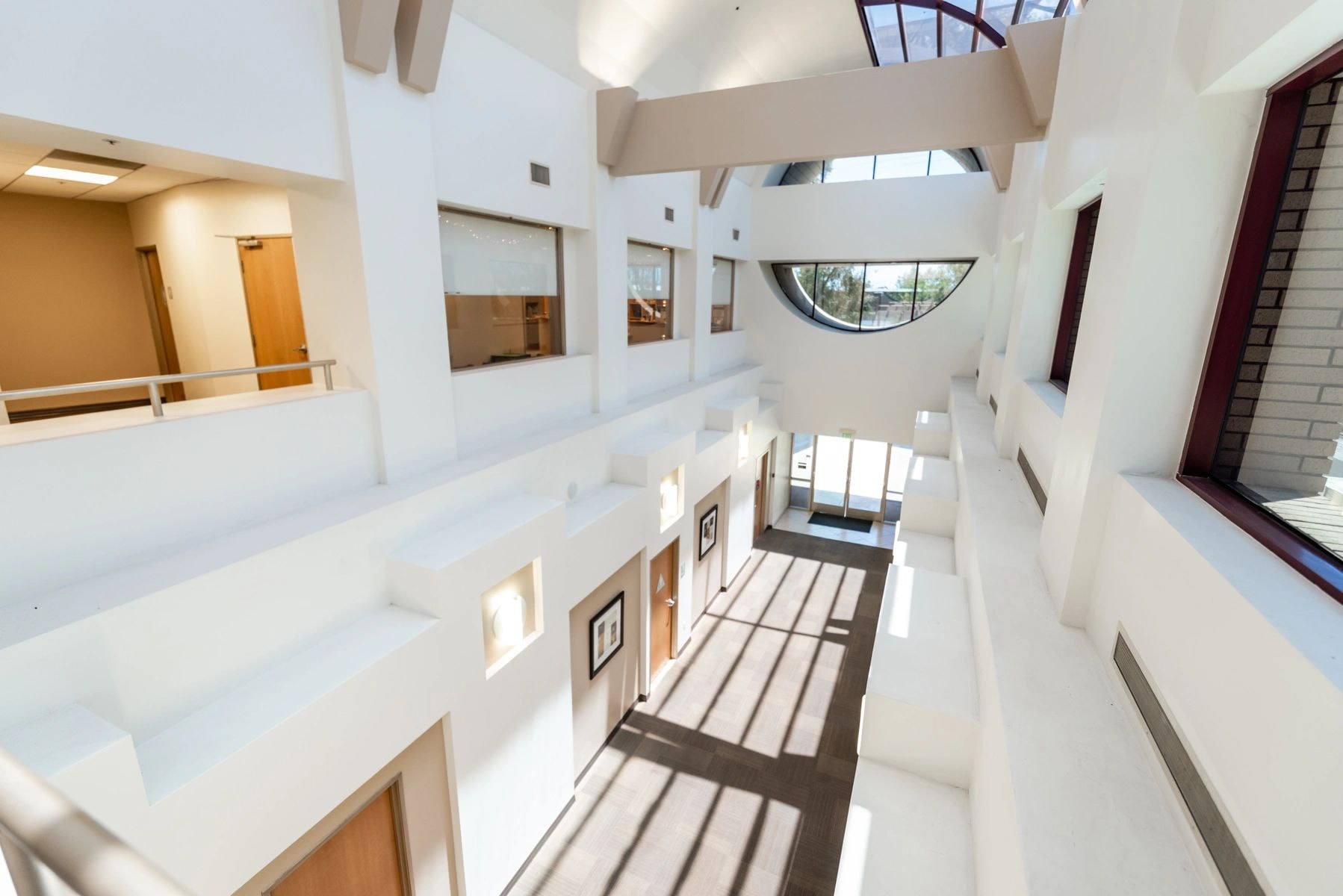 Modern office building atrium with skylights
